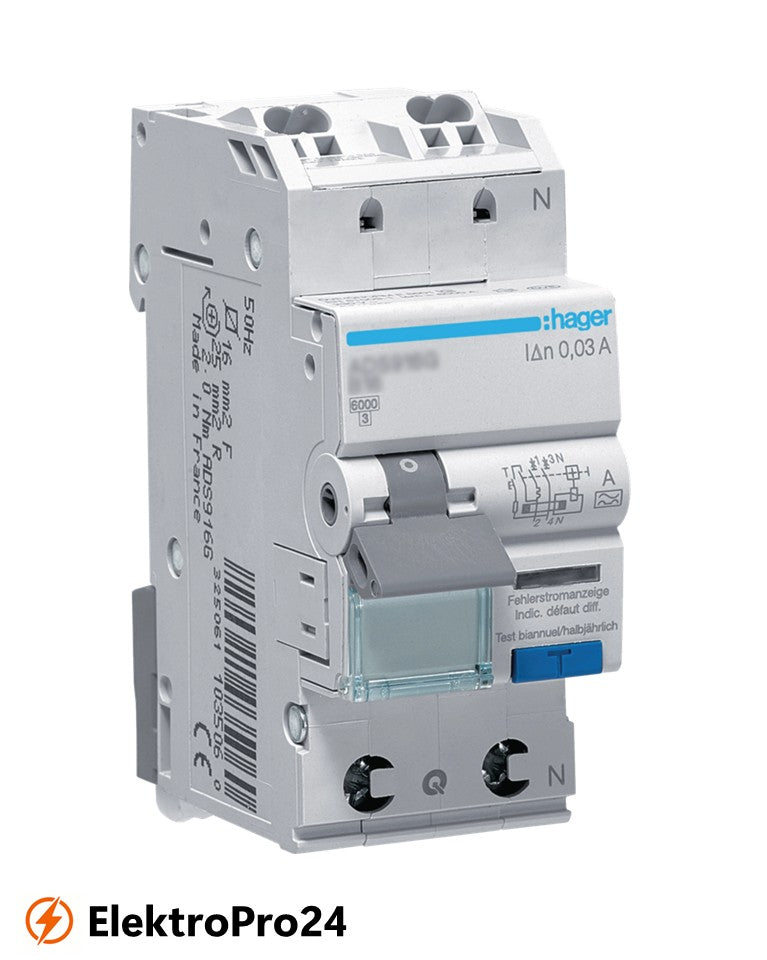 FI/LS-Schalter Hager ADS916D, 1P+N 6kA B-16A 30mA Typ A
