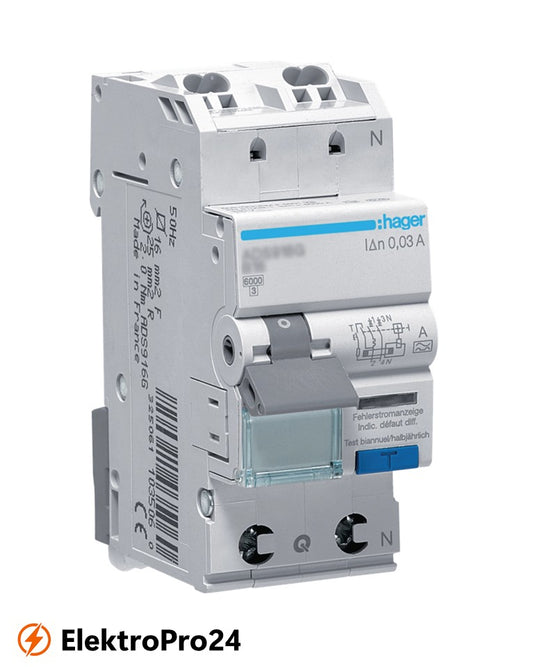 FI/LS-Schalter Hager ADA516D, 1P+N 10kA B-16A 30mA Typ A