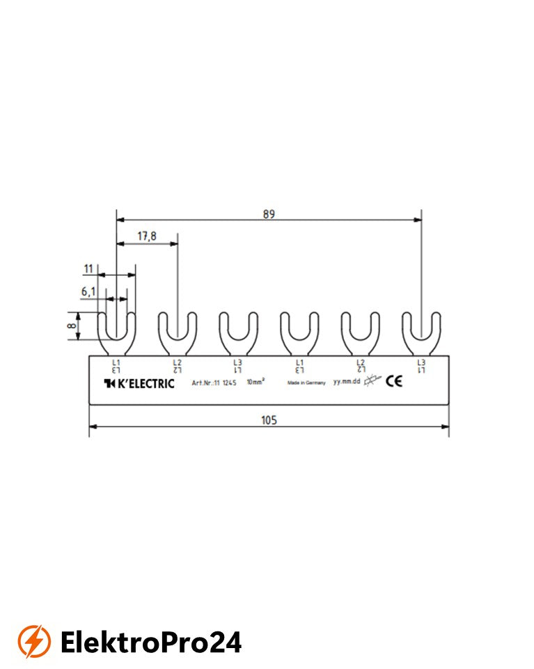 Phasenschienen Gabel Verdrahtungsschiene 3-polig, 10mm², 6TE  111245