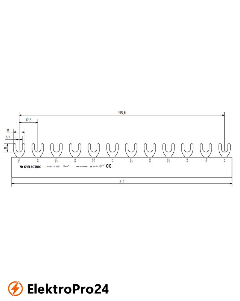 Phasenschienen Gabel Verdrahtungsschiene 4-polig, L1,N,L2,N,L3,N, 16mm², 12TE, 111321