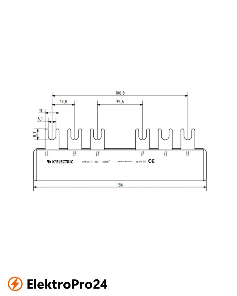 Phasenschienen Gabel Verdrahtungsschiene 3-polig, 35mm², 6TE (2x3polig)  111223