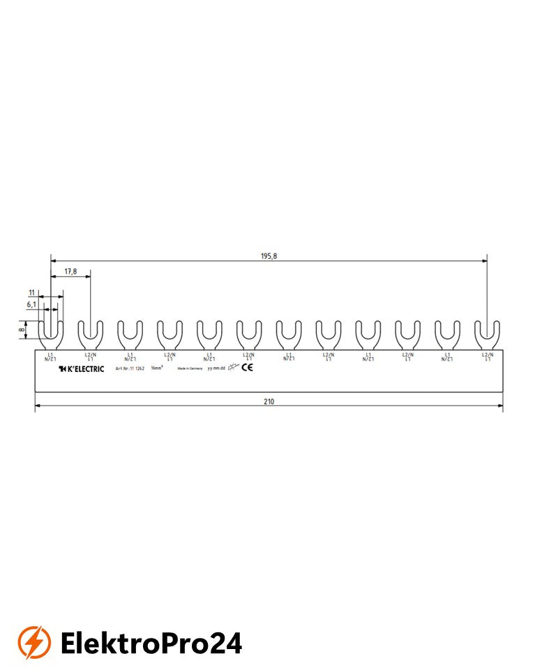 Phasenschienen Gabel Verdrahtungsschiene 2-polig, 16mm², 12TE  111262