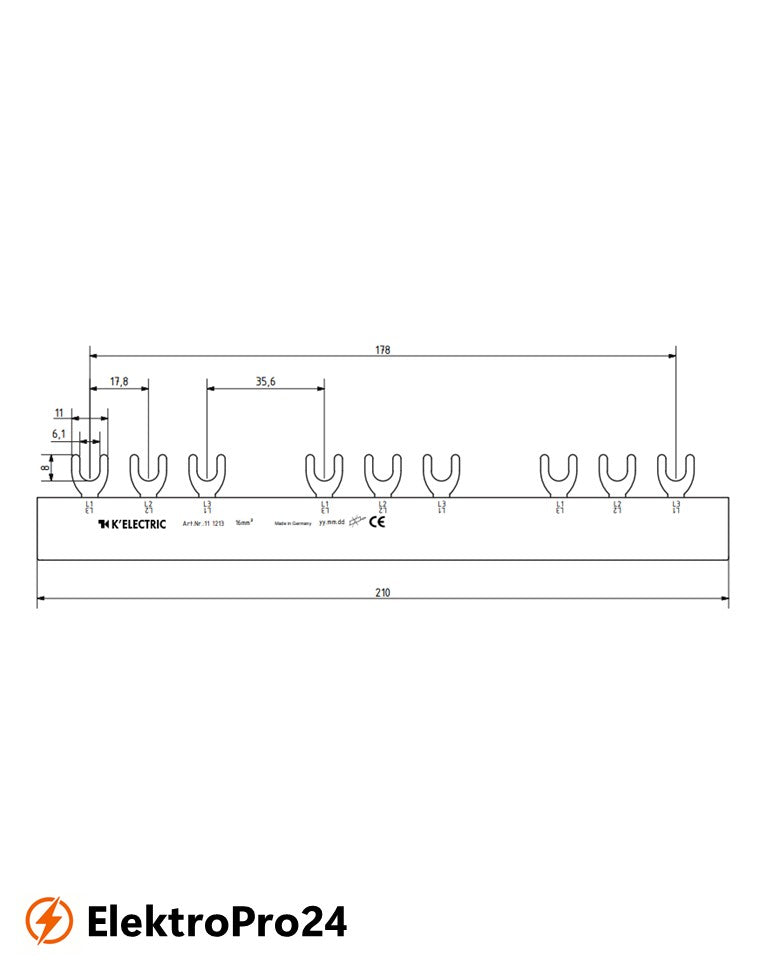 Phasenschienen Gabel Verdrahtungsschiene 3-polig, 16mm², 9TE (3x3pol)  111213