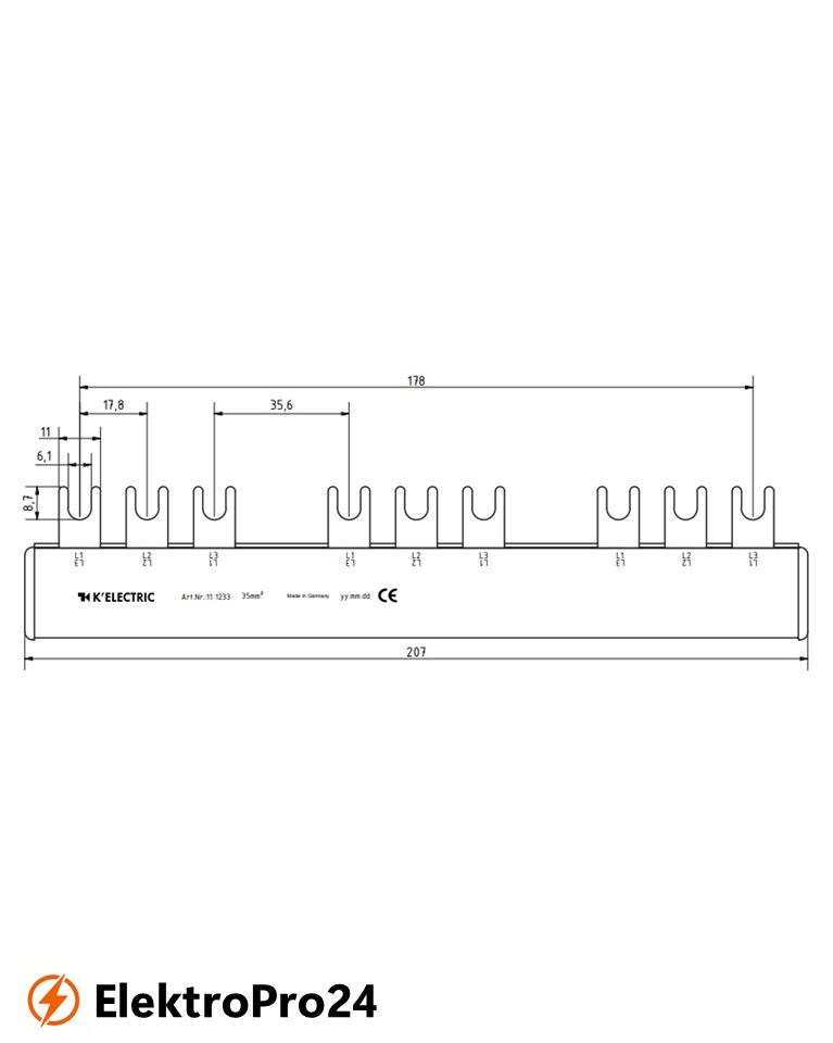 Phasenschienen Gabel Verdrahtungsschiene 3-polig, 35mm², 9TE (3x3polig)  111233