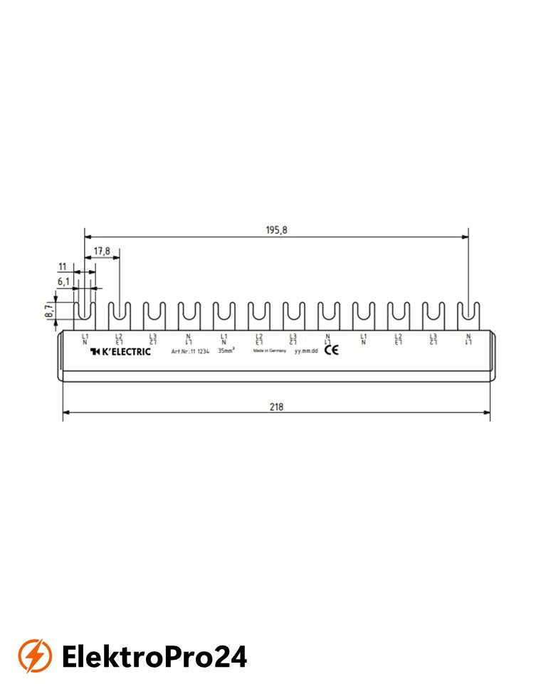 Phasenschienen Gabel Verdrahtungsschiene 4-polig, 35mm², 12TE  111234