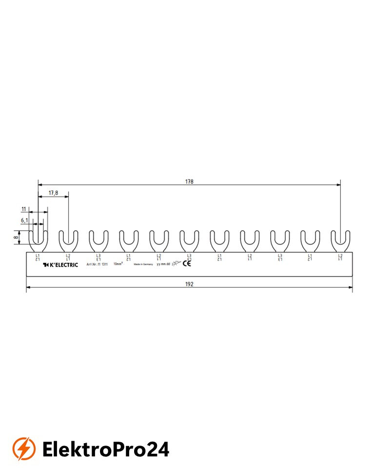 Phasenschienen Gabel Verdrahtungsschiene 3-polig, 10mm², 11TE, 4.pol.FI (N links) + 8xLS, 111311