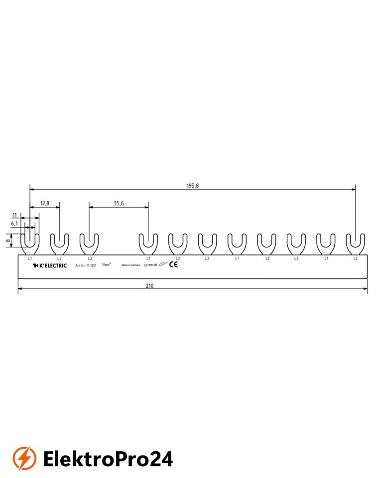 Phasenschienen Gabel Verdrahtungsschiene 3-polig, 10mm², 11TE, 4.pol.FI (N rechts) + 8xLS, 111251