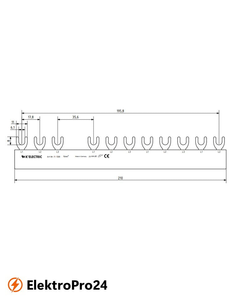 Phasenschienen Gabel Verdrahtungsschiene 3-polig, 16mm², 11TE, 4.pol.FI (N rechts) + 8xLS, 111308