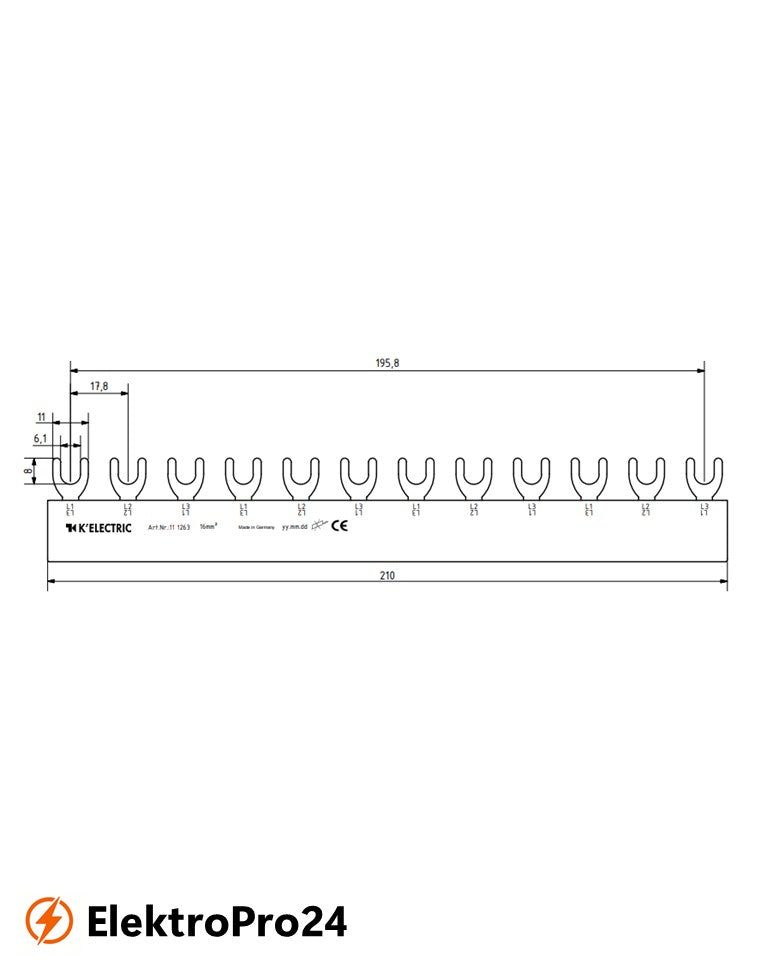 Phasenschienen Gabel Verdrahtungsschiene 3-polig, 16mm², 12TE  111263
