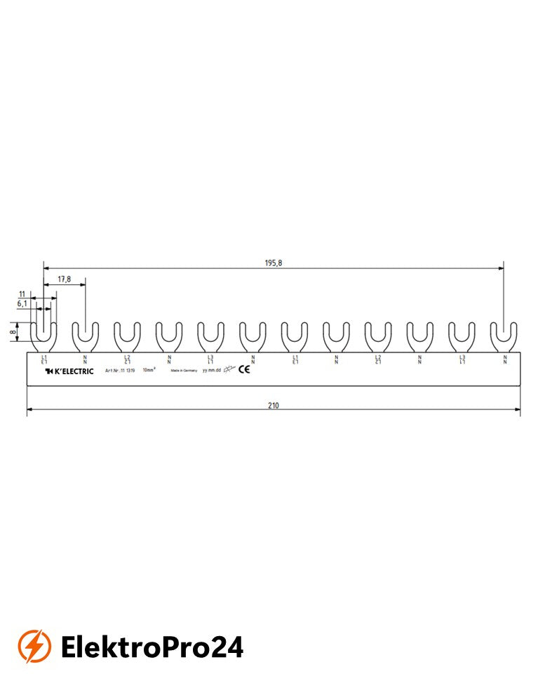 Phasenschienen Gabel Verdrahtungsschiene 4-polig, 10mm², 12TE, 111319
