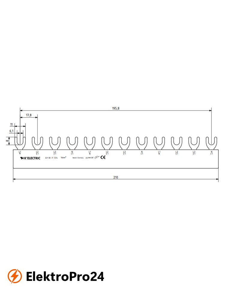 Phasenschienen Gabel Verdrahtungsschiene 4-polig, 16mm², 12TE  111214
