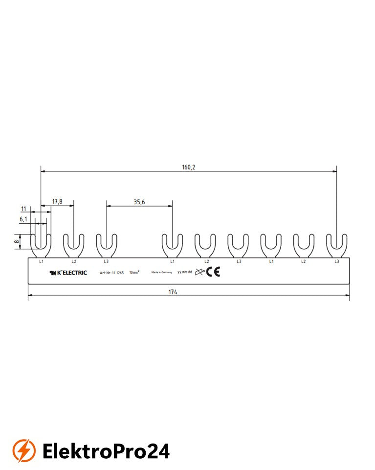 Phasenschienen Gabel Verdrahtungsschiene 3-polig, 10mm², 9TE, 4.pol.FI (N rechts) + 6xLS, 111265