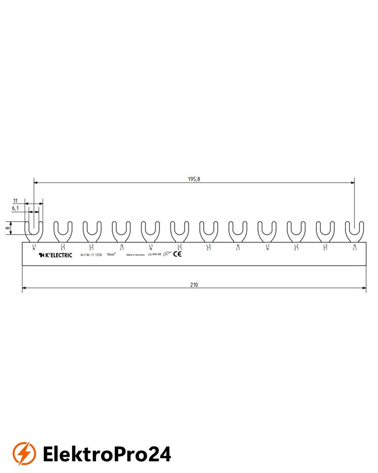 Phasenschienen Gabel Verdrahtungsschiene 4-polig, 10mm², 12TE  111258