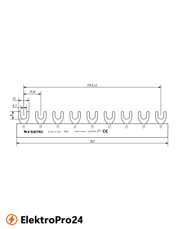 Phasenschienen Gabel Verdrahtungsschiene 3-polig, 10mm², 9TE  111244