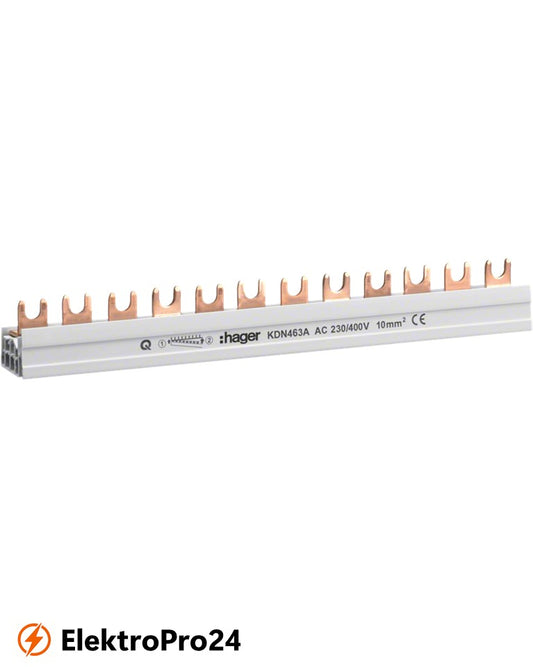 Hager Phasenschiene KDN463A/ Kammschiene, 4-polig, mit Gabelanschluss, 10mm², 63A, 12 Module