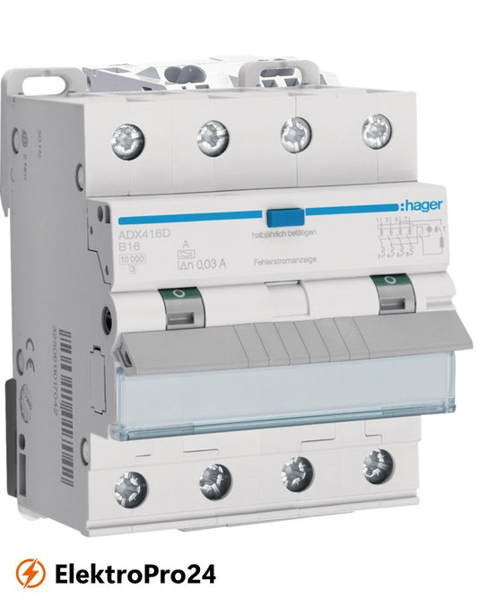 FI/LS-Schalter Hager ADX416D, 4P 10kA B-16A 30mA Typ A