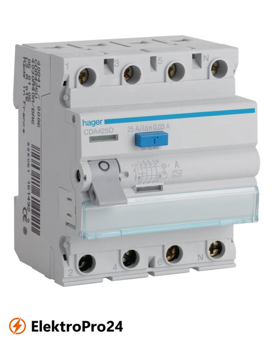 FI-Schalter Hager CDA425D , 4-polig, 6kA, 25A, 30mA, Typ A