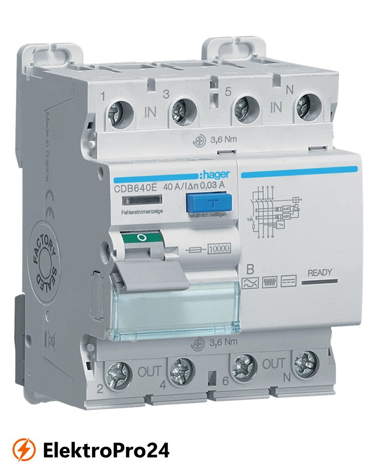 FI-Schutzschalter Hager CDB640E 4-polig 10kA 40A 30mA Typ B
