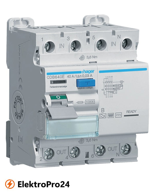 FI-Schutzschalter Hager CDB640E 4-polig 10kA 40A 30mA Typ B