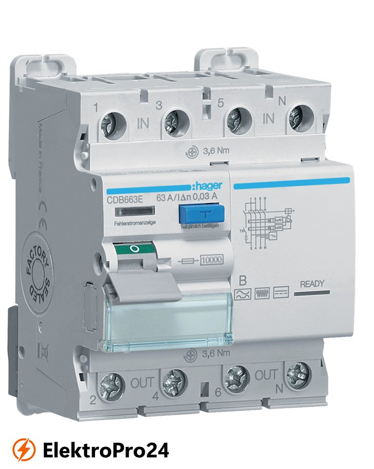 FI-Schalter, Hager CDB663E 4-polig, 10kA, 63A, 30mA, Typ B