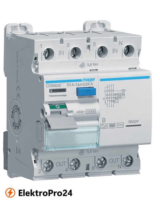 FI-Schalter, Hager CDB663E 4-polig, 10kA, 63A, 30mA, Typ B
