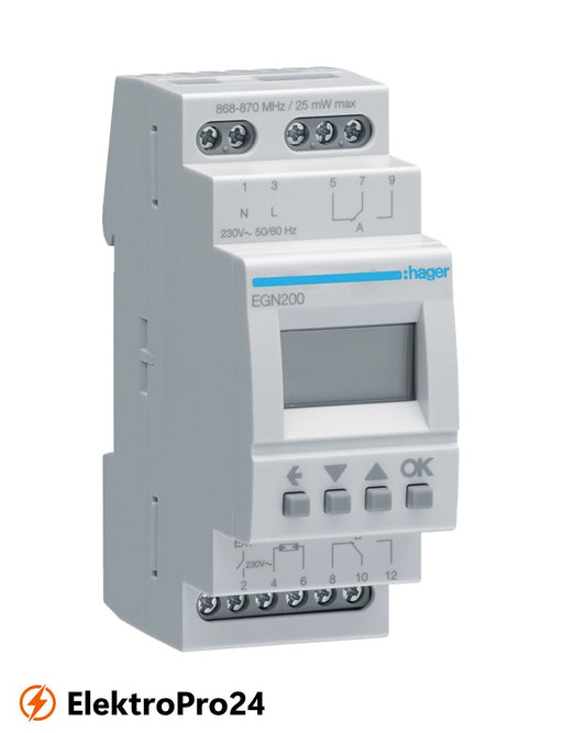 Digitale Multifunktions-Zeitschaltuhr Hager EGN200 für Hutschiene mit Bluetooth, 2-Kanal