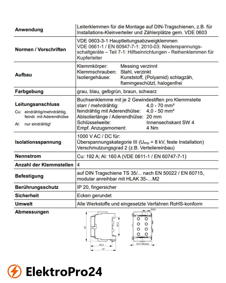 Hauptleitungsabzweigklemme HLAK 70-1/2 M2 1p grau VPE 3 Stück