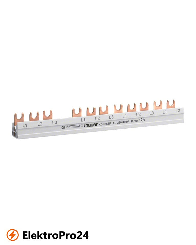 Hager Phasenschiene KDN363F/ Kammschiene, 3-polig, mit Gabelanschluss, 10mm², 63A, 12 Module
