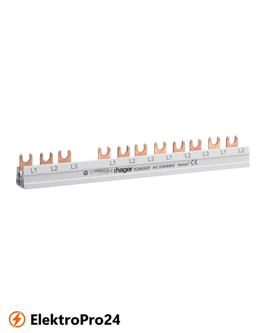 Hager Phasenschiene KDN363F/ Kammschiene, 3-polig, mit Gabelanschluss, 10mm², 63A, 12 Module